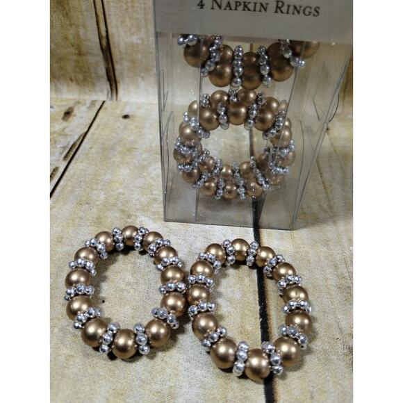 Silver Gold Beaded Napkin Holders Set of 6 Bling Table Decor Rings - Picture 4 of 5